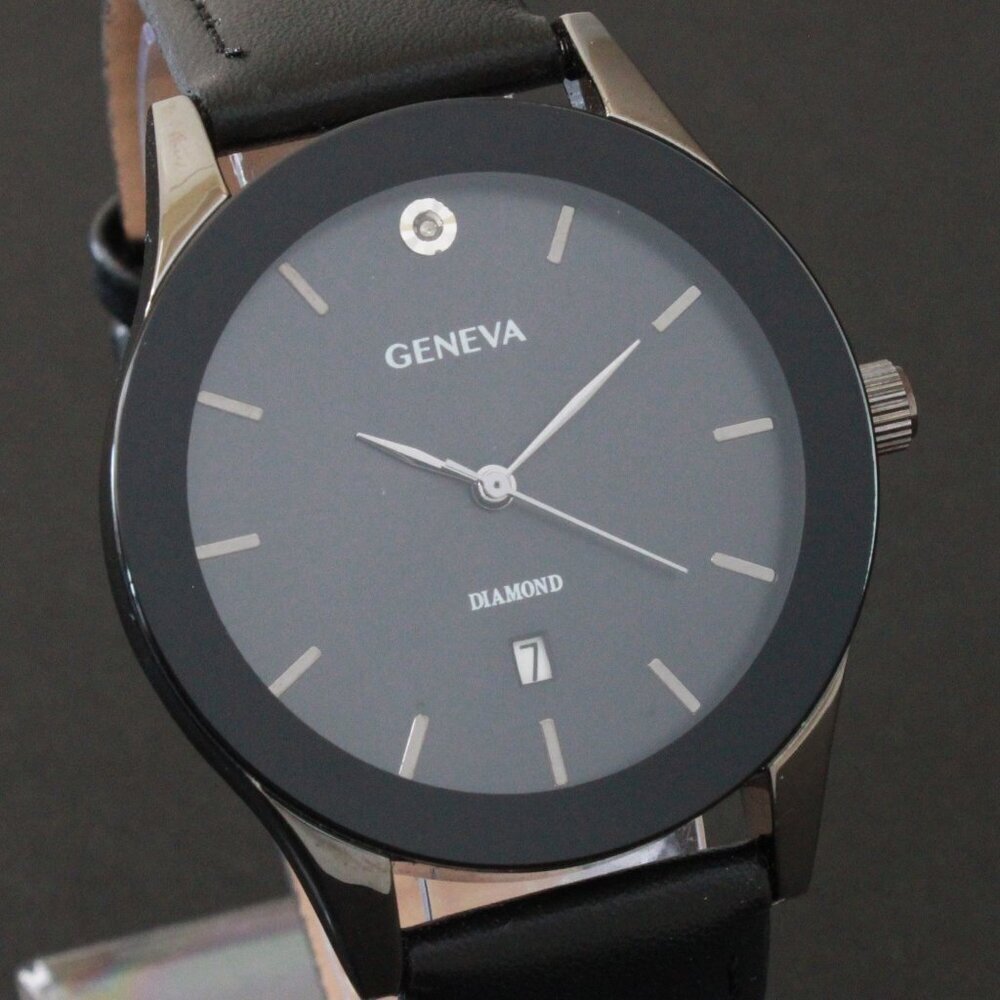 Geneva Men's Dress Watch Diamond At 12 Blacked Out Leather Strap 42mm - Picture 8 of 13